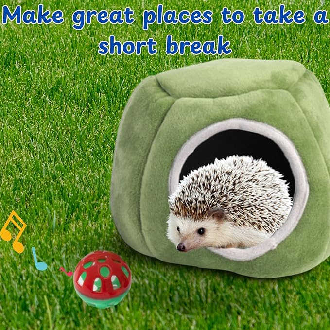 Hedgehog Hideout Nest with Bell Ball Toy, Cave Bed Nest Hedgehog Hideout, Guinea Pig Bed, Small Animals Warm House Cage Supplies, Hedgehogs Accessories, Hamster Cage Accessories (Green Hide)