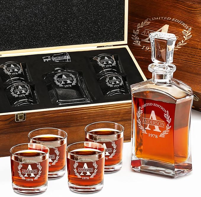 Personalized Whiskey Decanter and Glasses Set - Customized Gift for Him - Fathers Day Gift for Men, Dad, Father, Brother, Son - Engraved Old Fashioned Whiskey Decanter, 4 Glasses in Wooden Gift Box