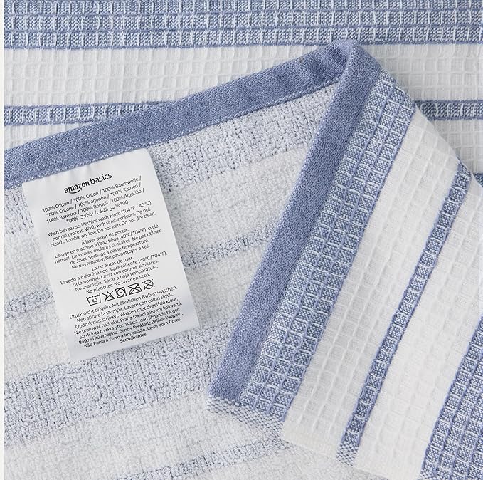 Amazon Basics Organic Cotton Waffle Kitchen Dish Towels - Ultra Absorbent, Quick Drying, Lint-Free, 15 x 25 inches, 6-Pack (4 Navy Strip/Checker, 1 White, 1 Solid Navy)