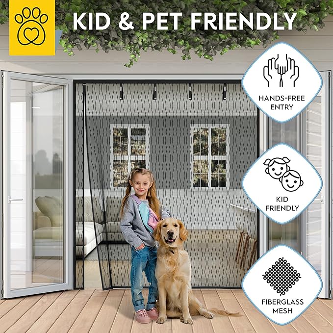 AUGO Fiberglass Magnetic Screen Door Reversible Left Right Side Opening - Self Sealing, Heavy Duty, Hands Free, Keeps Bugs Out - Pet and Kid Friendly - Patent Pending Keep Open Feature – 74” x 81”