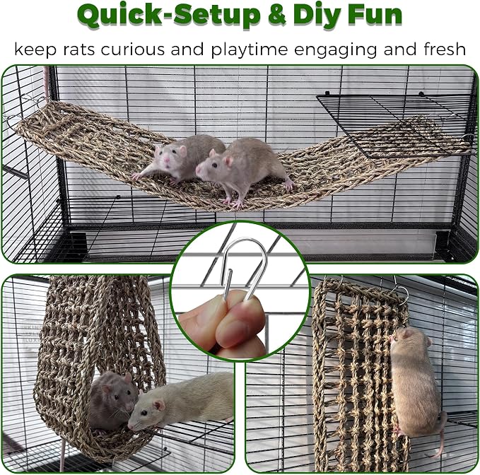 2Pcs 30x7in Rat Climbing Toys for Cage, Chewable Natural Seagrass Mat | with Metal Hooks, Soft Fall Breakers for Rats, Rat Ladder Bridge Toy with Mild Grassy Scent, Rodent Hammock Cage Accessories