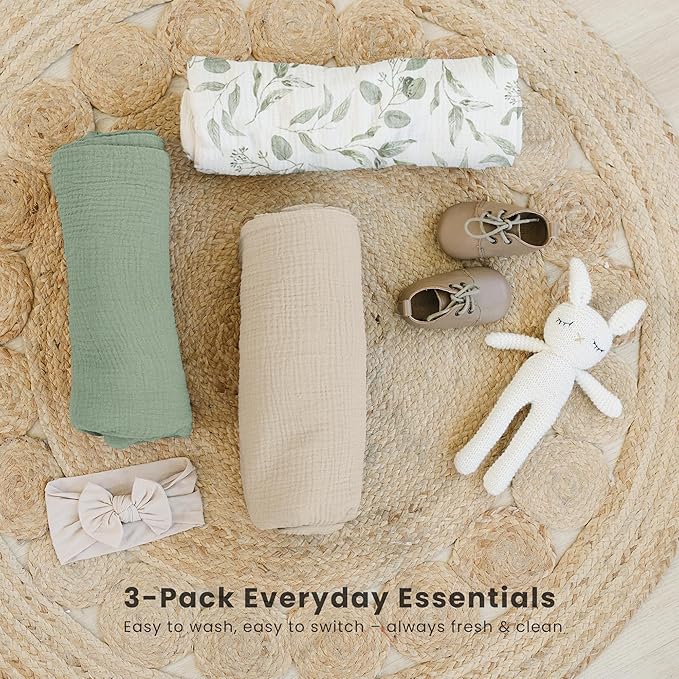 Konssy 3 Pack Muslin Swaddle Blankets for Unisex, Newborn Receiving Blanket, Large 47 x 47 inches, Soft Breathable Muslin Baby Swaddles for Boys & Girls