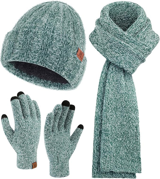 Womens Winter Warm Knit Beanie Hat Touchscreen Gloves Long Neck Scarf Set with Fleece Lined Skull Caps Gifts for Women