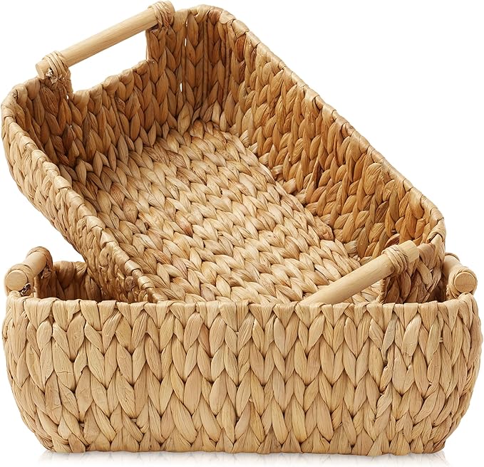 Casafield Set of 2 Water Hyacinth Oval Storage Baskets with Wooden Handles - Medium, Woven Bin Organizers