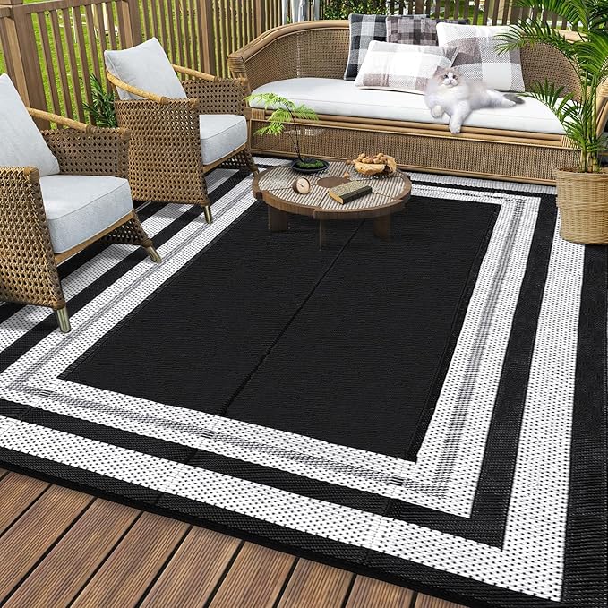 9x12 Outdoor Rug Waterproof Foldable Plastic Straw Carpet for Patio Modern Border Reversible Mat Lightweight Floor Mat for Picnic, Backyard, Rv, Beach, Deck, Camper, Balcony，Black/White