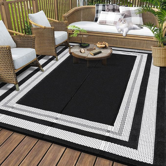 9x12 Outdoor Rug Waterproof Foldable Plastic Straw Carpet for Patio Modern Border Reversible Mat Lightweight Floor Mat for Picnic, Backyard, Rv, Beach, Deck, Camper, Balcony，Black/White