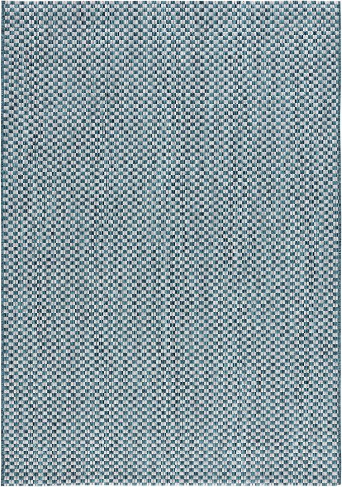 SAFAVIEH Washable Rug Outdoor Courtyard Collection - 4' x 5'7", Turquoise & Light Grey, Non-Shedding & Easy Cleaning, Ideal for Patio, Backyard, Mudroom (CY8653-37221)