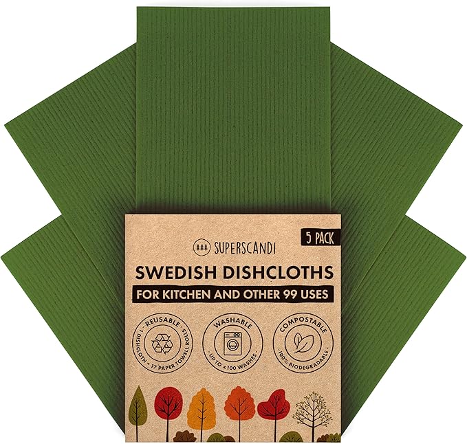 SUPERSCANDI 5 Pack Swedish Dishcloths for Kitchen - 100% Biodegradable & Compostable Reusable Paper Towels Washable, Food-Safe & Without Plastic - Dish Rags for Any Surface, Premium, Forest Green