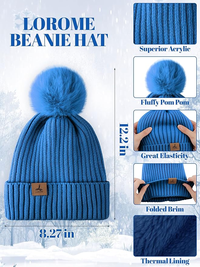 LOROME Women Winter Beanie Hat Scarf Gloves Set, Fleece Knitted Pompom Hat Warm Neck Scarf Touchscreen Gloves Winter Gift