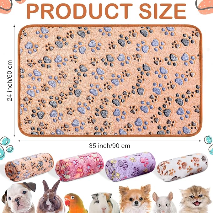Reginary 4 Pcs Guinea Pig Fleece Blankets, Paw Print, 35 x 24 Inch | Waterproof Washable Cage Liners, Absorbent Double Layer Bedding for Guinea Pigs, Reusable Pads for Hamsters Rabbits