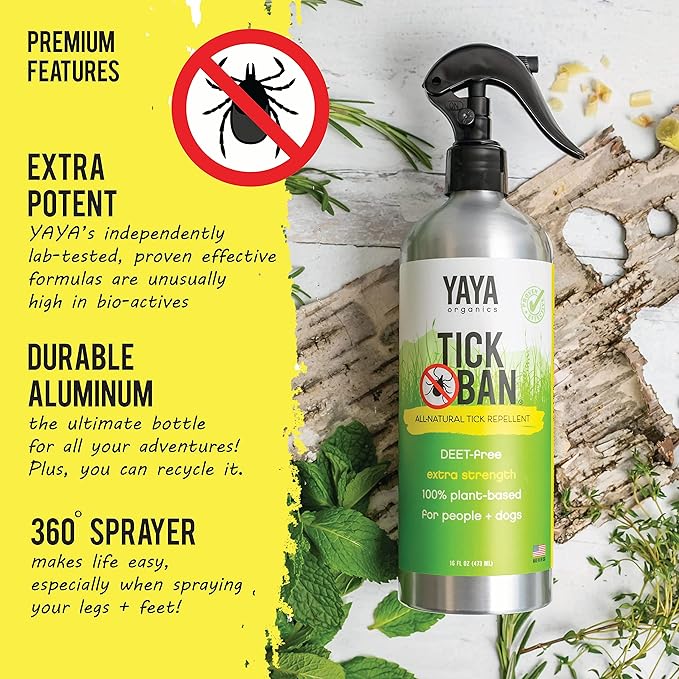 Yaya Organics Tick Ban | Extra Strength Tick Repellent Made with Essential Oils and All Natural, DEET Free Ingredients | Proven Effective, Safe for Adults, Kids and Dogs | 16 Ounce (2 Pack)