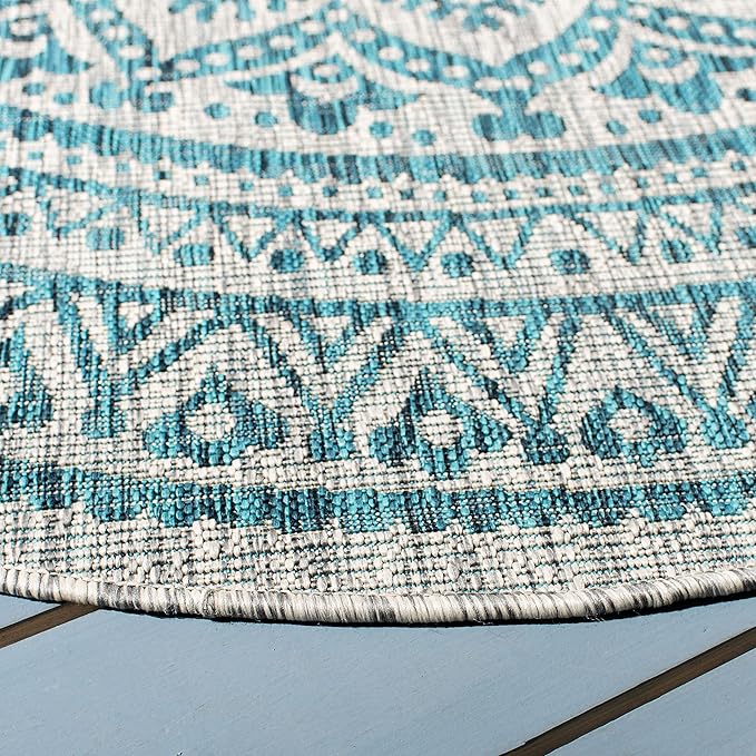 SAFAVIEH Courtyard Collection 9' Round Light Grey / Teal CY8734 Indoor/ Outdoor Waterproof Easy Cleaning Patio Backyard Mudroom Area Rug