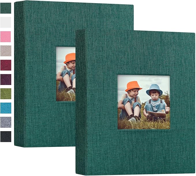 Mublalbum 2 Pack Small 5x7 Photo Album Linen Cover with Display Window Mini Picture Book Each Holds 52 Vertical Pockets for Artwork Postcards or Pictures Storage (Dark Green)