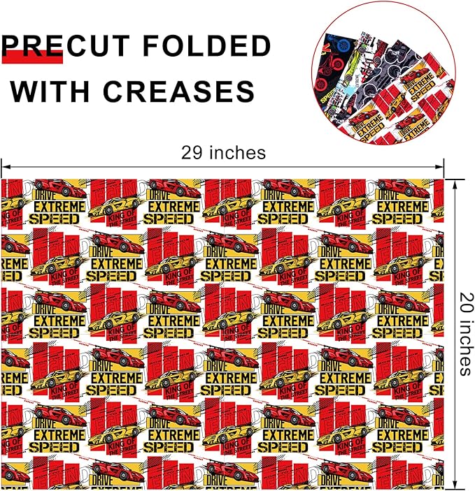 PlandRichW Monster Trucks Wrapping Paper - Folded for Boys Kids Adult Birthday Wrapping Paper Including Racing Monster Trucks Motocross for Party Holiday, Pre-cut 12 Sheets Each 20 X 29 Inches