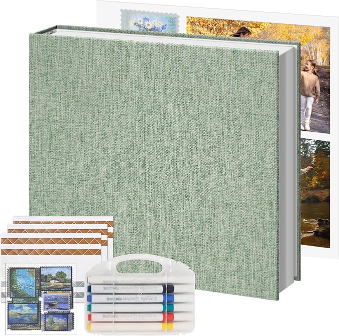 Vienrose Photo Album Scrapbook, 3 Ring 12" x 12" Linen Cover Kraft Paper Memory Book with 50 Sheets 100 Pages, Scrapbook Set for Wedding, Anniversary, Family, Travel, Sage Green