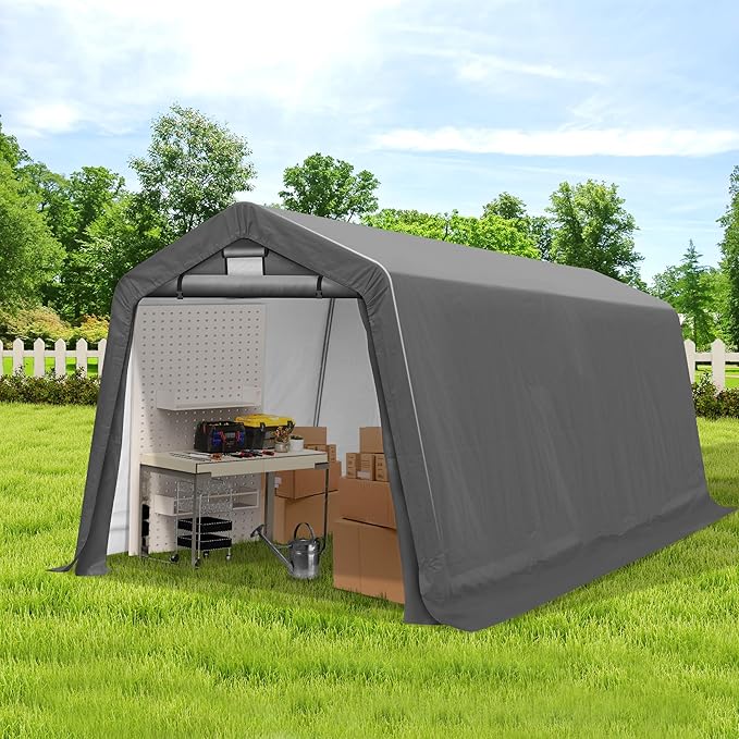 COVERONICS 8' x 14' Outdoor Storage Shed - Heavy Duty Portable Shelter Carport with Ventilation Windows and Roll-up Doors, Storage Shelter Tent for Motorcycle, Bike, Lawnmower and Garden Tools, Grey