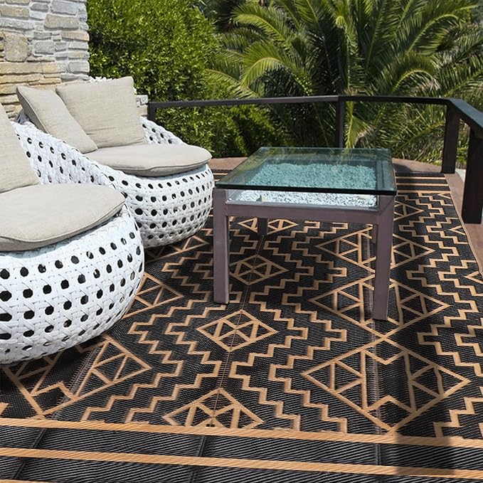 SAND MINE Reversible Mats, Plastic Straw Rug, Modern Area Rug, Large Floor Mat and Rug for Outdoors, RV, Patio, Backyard, Deck, Picnic, Beach, Trailer, Camping (5' x 8', Black & Brown)