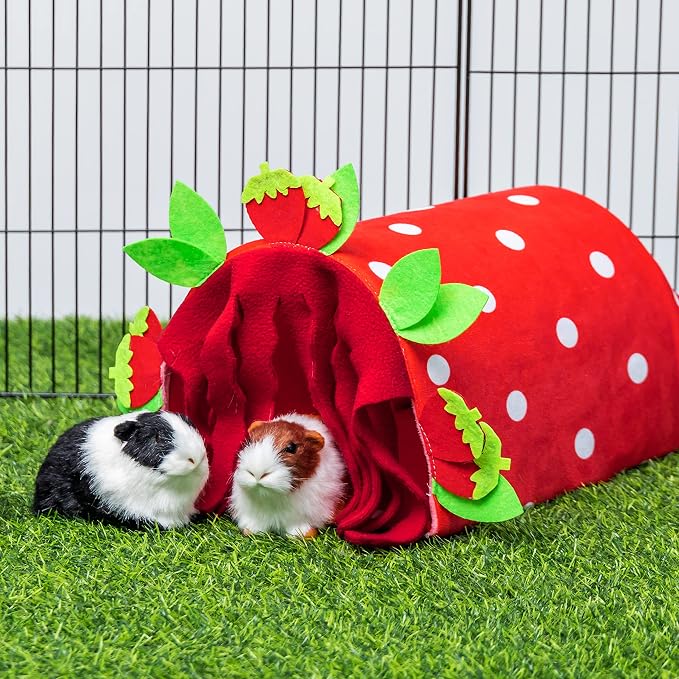 Guinea Pig Hideout, Soft Fleece Strawberry Pet Bed & Tunnel House | Cute Small Animal Bedding Cage Accessories Indoor Also for Hedgehog, Chinchilla, Hamster Sleeping