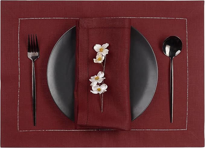 D'Moksha Homes Linen Placemats Set of 4 - Classic Hemstitch Dark Red Placemats 14 x 19 Inch - 100% Pure Linen Table Mats for Fall, Thanksgiving, Christmas, Holiday - Handcrafted and Machine Washable