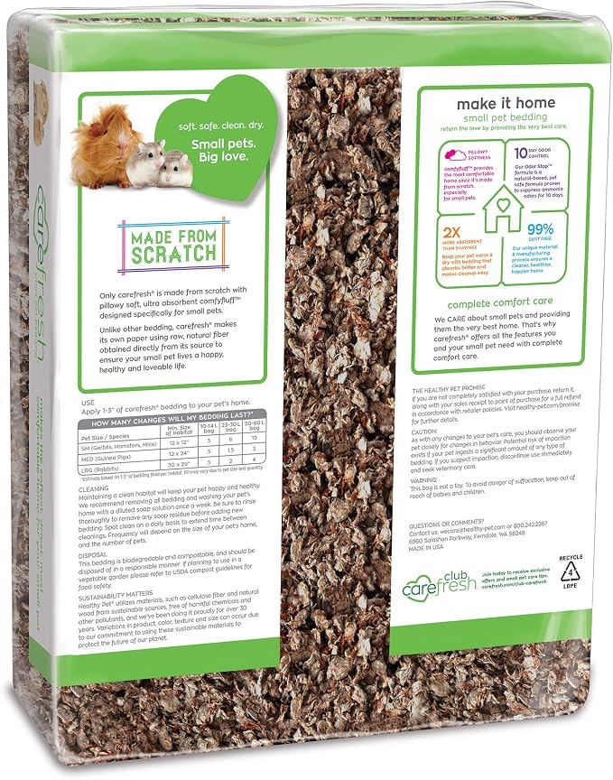Carefresh Natural Paper Small Pet Bedding, Odor Control 60L | 2X more absorbent, 99% dust free, odor control, Biodegradable and compostable, For hamsters, rabbits and guinea pigs