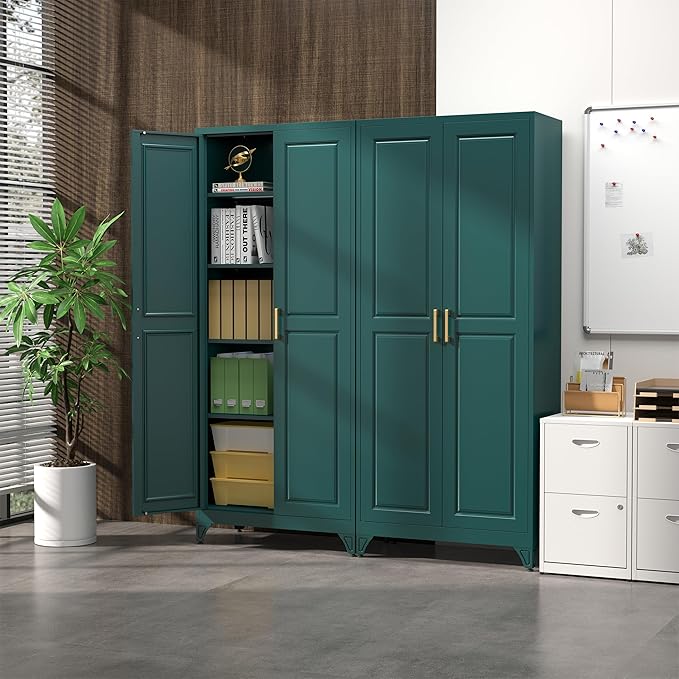 Kitchen Pantry Cabinet,75" Green Metal Storage Cabinets with Doors and 4 Adjustable Shelves,Kitchen Cabinet with 2 Gold Handles,Tall Cabinet for Livingroom,Pantry, Bathroom