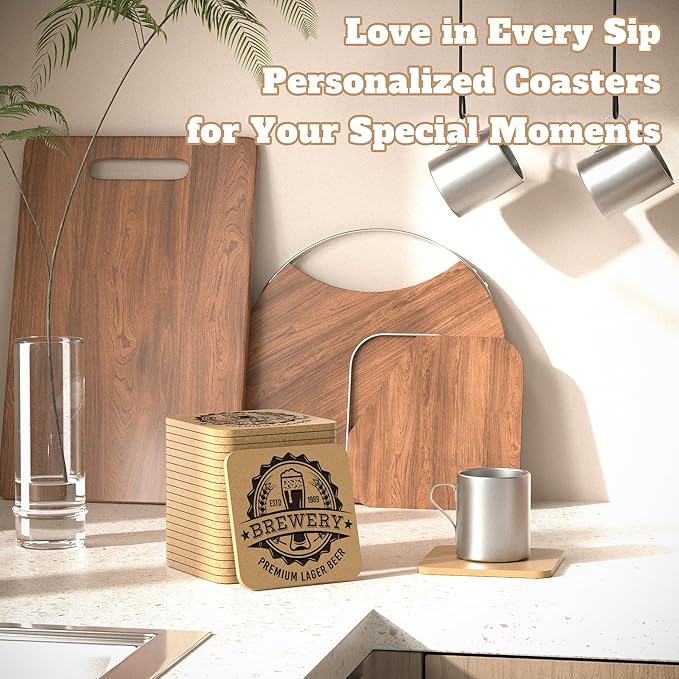 30 Custom Coasters, Personalized Cork Coaster Laser Engraved with Own Design Logo Text, Non-Slip Heat-Resistant Custom Cork Coaster for Wedding, Anniversary, Family Reunion Gifts (Square)