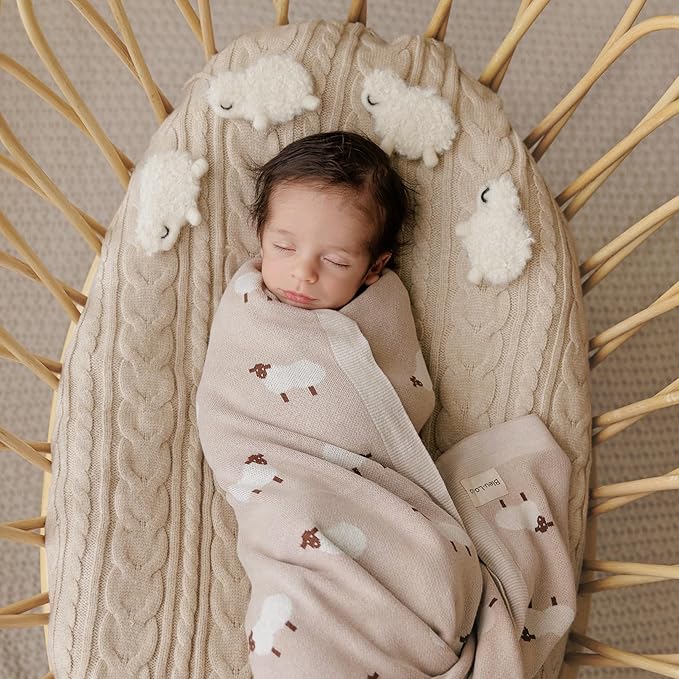 Baby Swaddle Blanket - 100% Luxury Cotton Knit Soft Cozy Lightweight Unisex Receiving Stroller Quilt Blanket for Shower Gift Registry for Newborns Infants Toddlers (Sheep - Khaki)