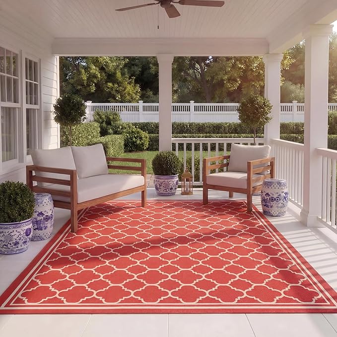 SAFAVIEH Courtyard Collection 8' x 11' Red/Bone CY6918 Trellis Indoor/ Outdoor Splashproof Easy Scrubbing Patio Backyard Mudroom Area Rug