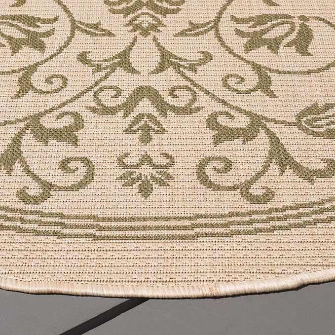 SAFAVIEH Washable Rug Outdoor Courtyard Collection - 5'3" Round, Natural & Olive, Non-Shedding & Easy Cleaning, Ideal for Patio, Backyard, Mudroom (CY2098-1E01)