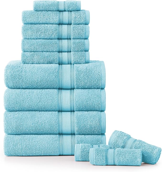 LANE LINEN Towel Set for Bathroom – 12-Pack 100% Ring-Spun Cotton, Zero Twist, Includes 4 Bath, 4 Hand & 4 Washcloth, Suitable for All Body Types, Soft & Quick Dry, Ideal for Airbnb & Spa - Blue