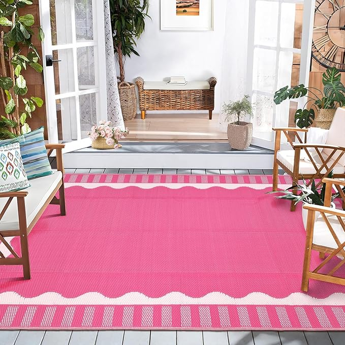 9x12 Outdoor Rug Waterproof Foldable Plastic Straw Carpet for Patio Porch Scalloped Border Reversible Mat Lightweight Floor Mat for Picnic, Backyard, Rv, Beach, Deck, Camper, Balcony，Grey