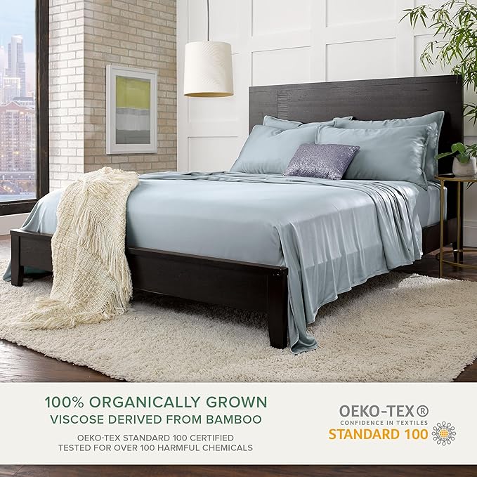 Queen Sheets by Pure Bamboo, Genuine 100% Organic Viscose Derived from Bamboo Bed Sheet Set, Luxuriously Soft & Cooling, Double Stitching, Lifetime Quality Promise (Queen, Sterling Blue)