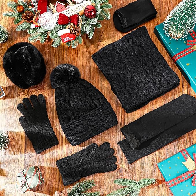 Geyoga 6 Pcs Winter Warm Set for Women Warm Beanies Hats Touchscreen Gloves Long Scarf Ear Muffs Socks Winter Gifts for Women