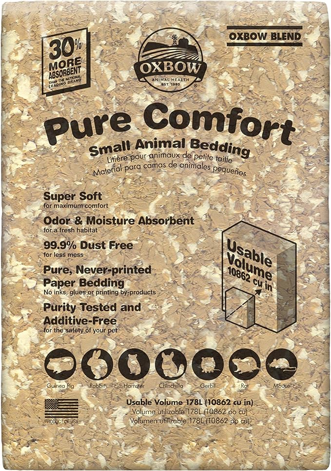 Oxbow Small Animal Bedding, Hamster, Guinea Pig, Rabbit, Blend, USA, 178 L | Pure Comfort, Hamster Bedding, Guinea Pig Bedding, Low Dust, Virgin Paper, Litter Box, Bunny, Rats, Gerbils, Chinchillas