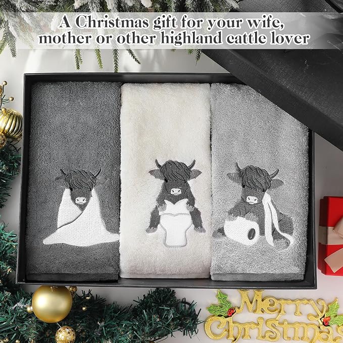3 Pcs Highland Cow Hand Towels Bathroom Decor Highland Cow | White and Gray Decorative Embroidered 100% Cotton Farmhouse Towels for Bathroom Kitchen Decor, 13. 3 x 29. 5''