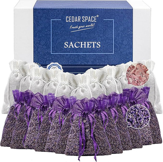 Cedar Space Lavender Sachet Bags for Drawers and Closets(24 Pack),Potpourri Bags,Dried Lavender Flowers,Cedar Blocks for Clothes Storage Scent Air Freshener, Cedar Chips Lavendar for Home Fragrance
