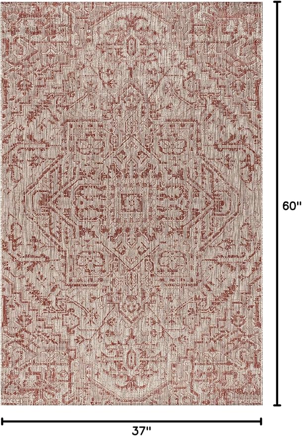 JONATHAN Y Boho Medallion Indoor Outdoor Area Rug 3X5 Red/Taupe, Estrella Textured Weave for Backyard, Patio, Porch, Easy-Cleaning, High Traffic, Pet-Friendly, Non-Shedding (SMB105A-3)