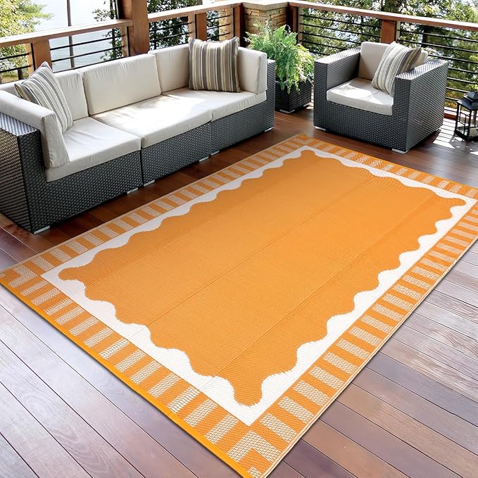 9x12 Outdoor Rug Waterproof Foldable Plastic Straw Carpet for Patio Porch Scalloped Border Reversible Mat Lightweight Floor Mat for Picnic, Backyard, Rv, Beach, Deck, Camper, Balcony，Orange