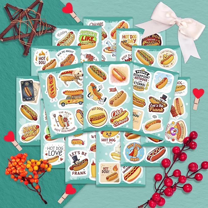 100Pcs Hot Dog Stickers Funny for Water Bottle - Hot Dog Party Decorations, Favors - Food Stickers - Gift for Women & Men
