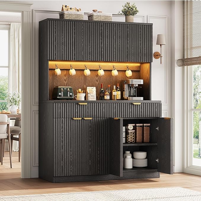 Fluted Kitchen Pantry Storage Cabinet with Charging Station/LED Light/Drawer/Doors/Shelves, 71'' Tall Kitchen Food Hutch with Microwave Stand for Dining Room Living Room (Black, 47*15.7*71)