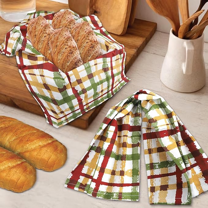 Urban Villa Fall Kitchen Towels Harvest Checks Print Dish Towels Set of 6 20"X30” 100% Cotton Highly Absorbent Quick Drying Dish Cloths & Dish Towels Thanks Giving Tea Towels with hanging loop Towels