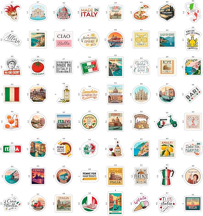100Pcs Italy Stickers for Scrapbooking, for Luggage, for Water Bottle - Italian Stickers and Decals - Italy Party F avors - Gift for Women & Men
