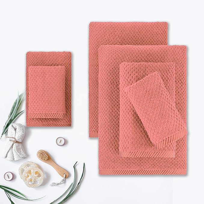 CASA COPENHAGEN Popcorn 6 Pieces Towel Set- Malibu Peach, 600 GSM 2 Bath Towel 2 Hand Towel 2 Washcloth, Designed in Denmark Made of Soft Egyptian Cotton for Bathroom, Kitchen & Shower