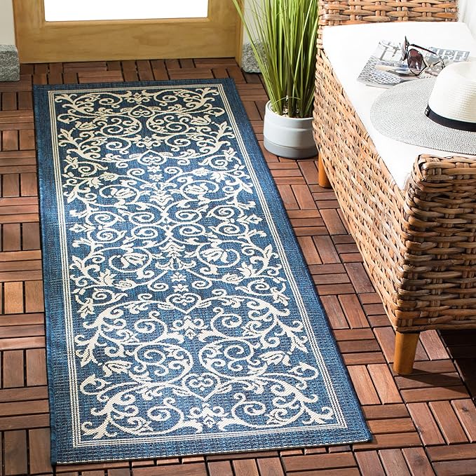 SAFAVIEH Washable Rug Outdoor Courtyard Collection - 2'3" x 10' Runner, Navy & Beige, Non-Shedding & Easy Cleaning, Ideal for Patio, Entryway, Mudroom, Hallway, Kitchen (CY2098-268)