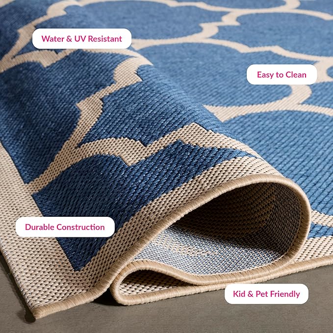 SAFAVIEH Washable Rug Outdoor Courtyard Collection - 7'10" Square, Blue & Beige, Non-Shedding & Easy Cleaning, Ideal for Patio, Backyard, Mudroom (CY6914-243)