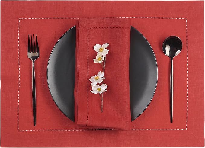 D'Moksha Homes Linen Placemats Set of 4 - Classic Hemstitch Bright Red Placemats 14 x 19 Inch - 100% Pure Linen Table Mats for Fall, Autumn and Halloween - Handcrafted and Machine Washable