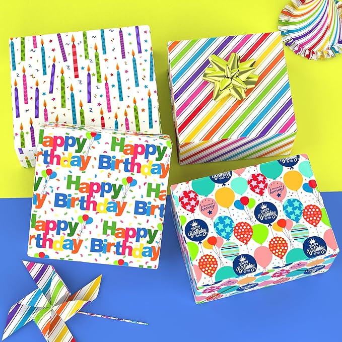 Birthday Wrapping Paper Sheet - 12 Sheets Folded Flat Gift Wrap with “Happy Birthday” Candles, Balloons, Colorful Stripes for Party, Baby Shower - 20 X 28 Inch Per Sheet