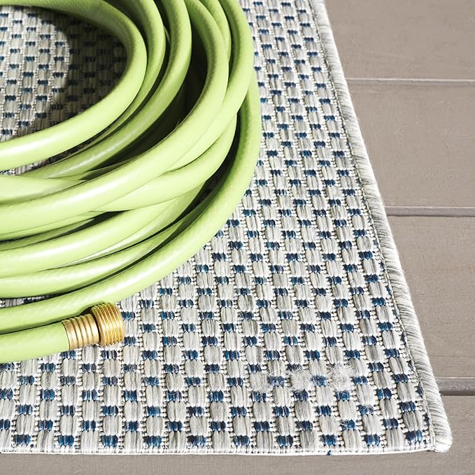 SAFAVIEH Washable Rug Outdoor Courtyard Collection - 6'7" Square, Grey & Navy, Non-Shedding & Easy Cleaning, Ideal for Patio, Backyard, Mudroom (CY8521-36812)