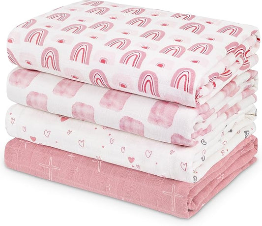 Muslin Swaddle Blankets for Newborn, 4 Pack Organic Cotton Baby Blanket, Large 31.5 x 43.3 Breathable Soft Receiving Blankets Girl, Essentials Swaddle Wrap Burping Clothes, Pink Rainbow