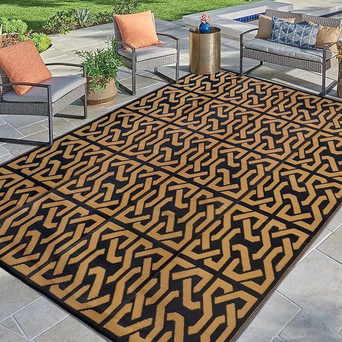 SAND MINE Reversible Mats, Plastic Straw Rug, Modern Area Rug, Large Floor Mat and Rug for Outdoors, RV, Patio, Backyard, Deck, Picnic, Beach, Camping, Trailer, Black & Brown, 9' x 12'